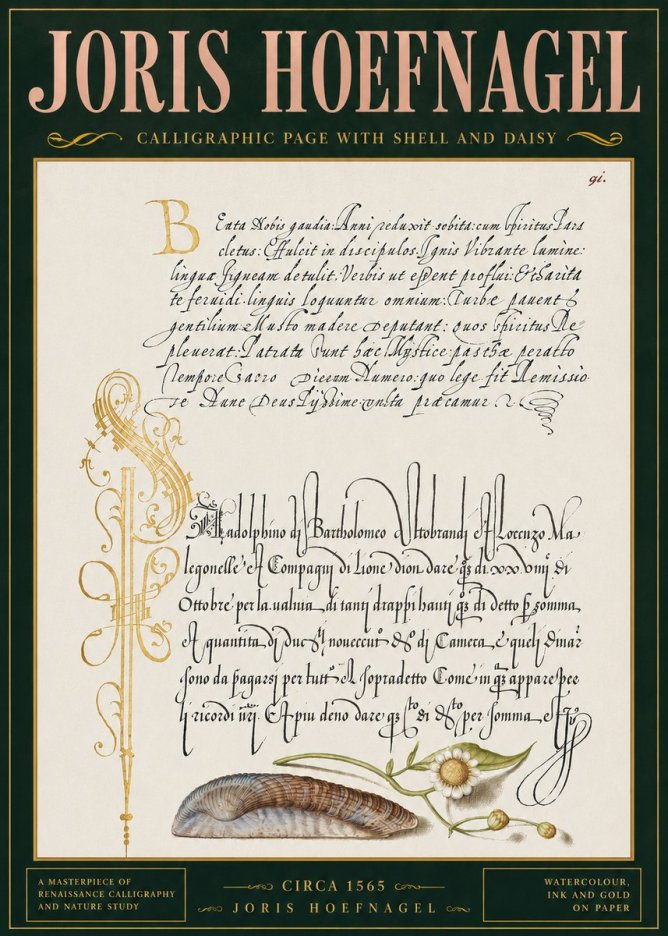 Joris Hoefnagel Calligraphic Page with Shell and Daisy No4 - Plakát