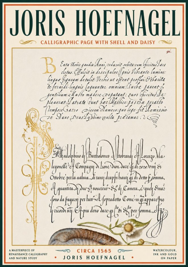 Joris Hoefnagel Calligraphic Page with Shell and Daisy No6 - Plakát