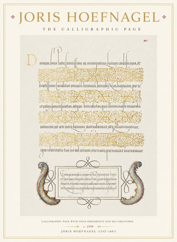 Joris Hoefnagel Calligraphic Page with Gold Ornaments and Sea Creatures No1 - Plakát