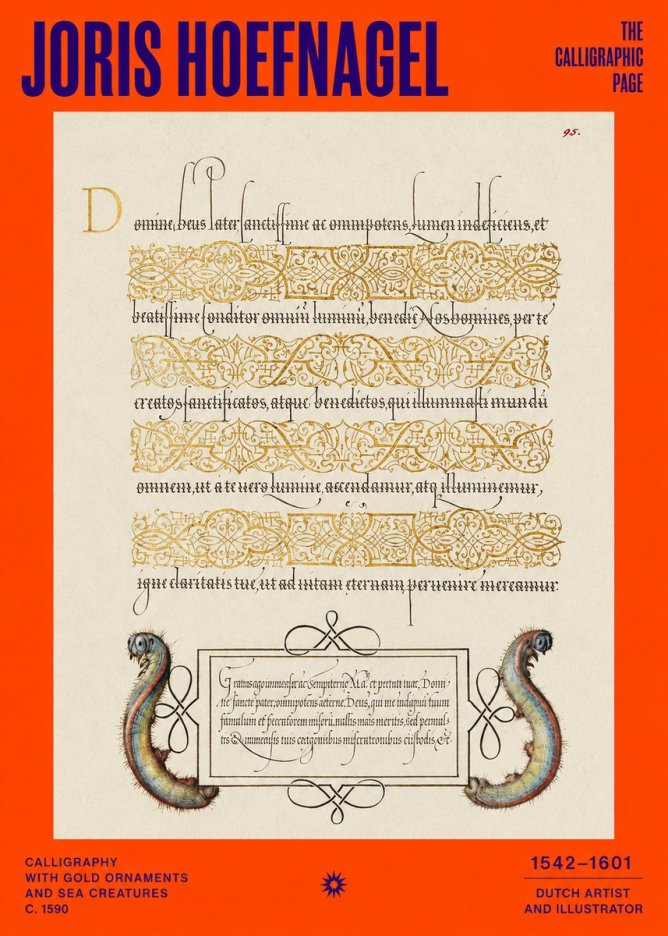 Joris Hoefnagel Calligraphic Page with Gold Ornaments and Sea Creatures No2 - Plakát