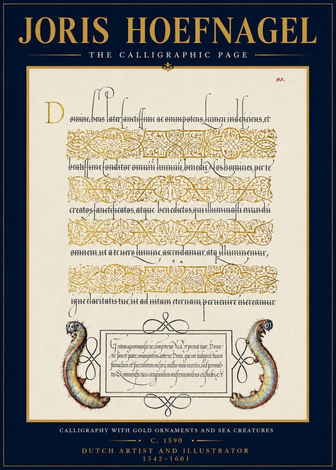Joris Hoefnagel Calligraphic Page with Gold Ornaments and Sea Creatures No4 - Plakát