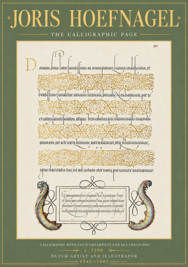 Joris Hoefnagel Calligraphic Page with Gold Ornaments and Sea Creatures No5 - Plakát