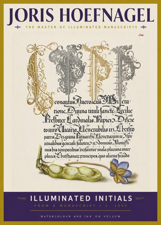 Joris Hoefnagel Illuminated Initials with Peapod and Flower No3 - Plakát