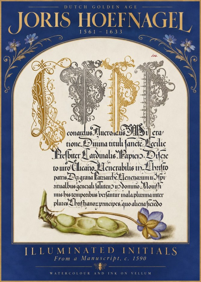 Joris Hoefnagel Illuminated Initials with Peapod and Flower No5 - Plakát