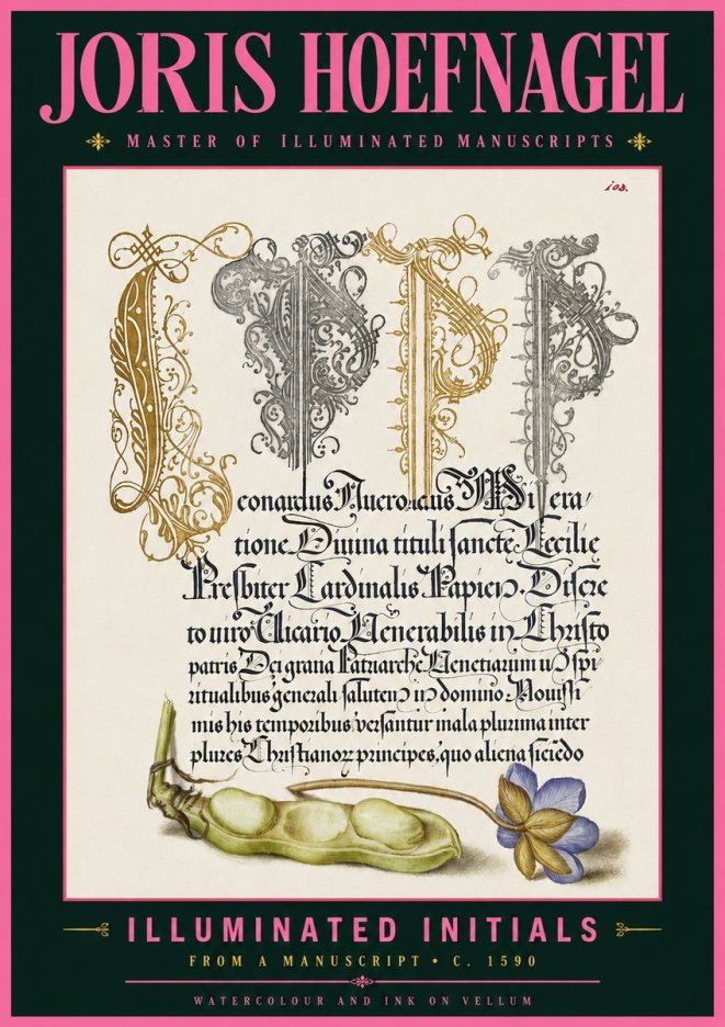 Joris Hoefnagel Illuminated Initials with Peapod and Flower No6 - Plakát