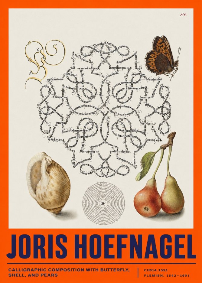 Joris Hoefnagel Calligraphic Composition with Butterfly, Shell, and Pears No2 - Plakát