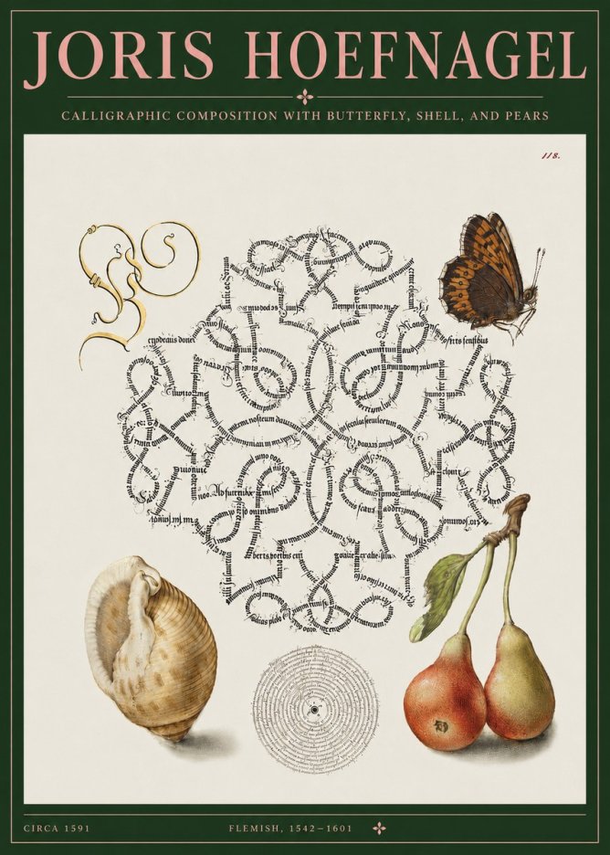 Joris Hoefnagel Calligraphic Composition with Butterfly, Shell, and Pears No3 - Plakát