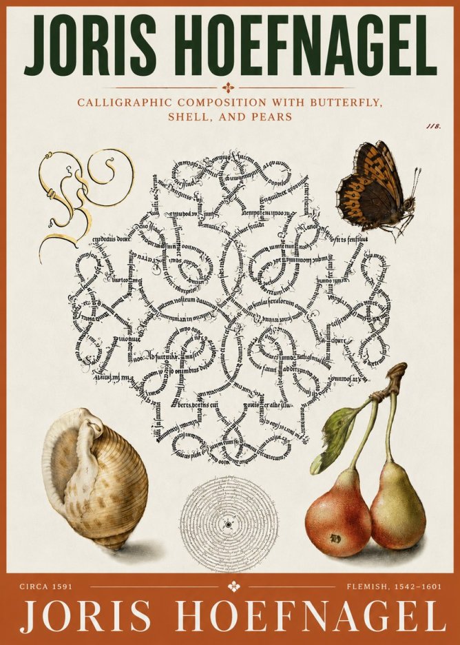 Joris Hoefnagel Calligraphic Composition with Butterfly, Shell, and Pears No5 - Plakát