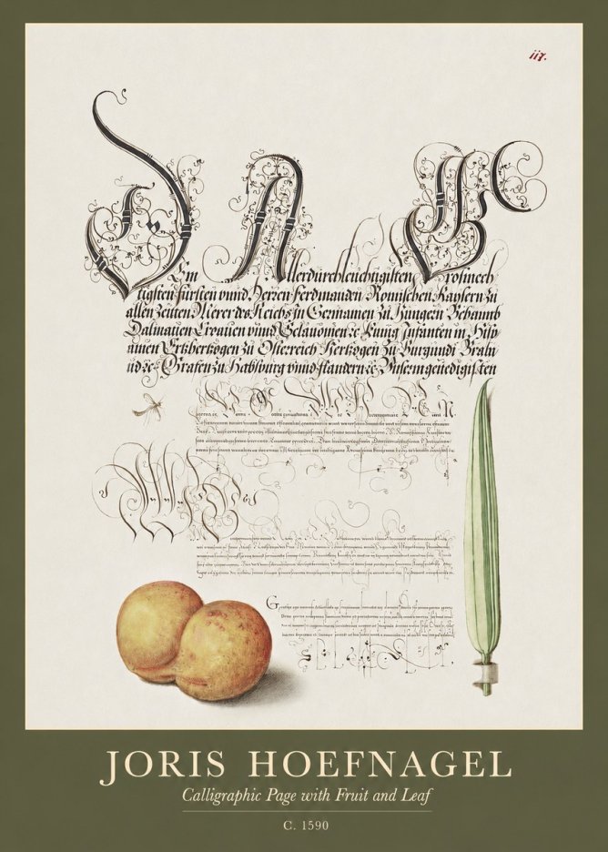 Joris Hoefnagel Calligraphic Page with Fruit and Leaf No1 - Plakát