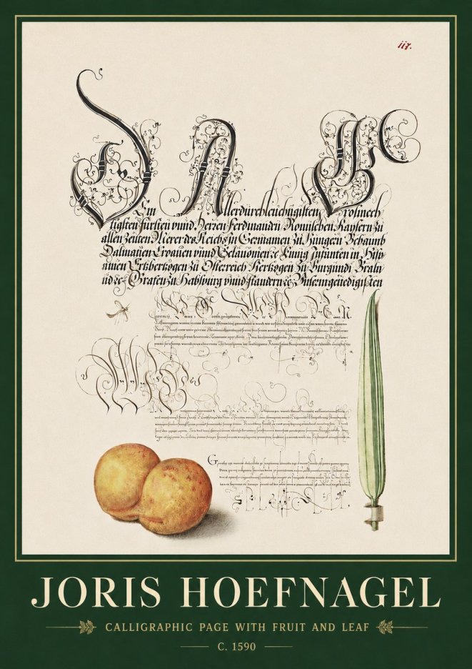 Joris Hoefnagel Calligraphic Page with Fruit and Leaf No3 - Plakát