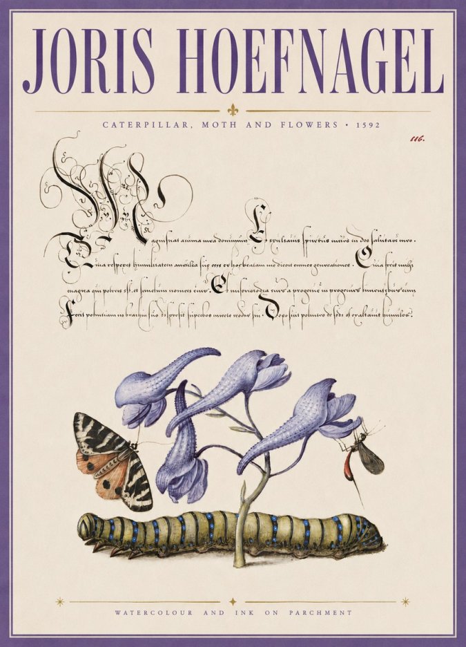 Joris Hoefnagel Caterpillar, Moth and Flowers No3 - Plakát