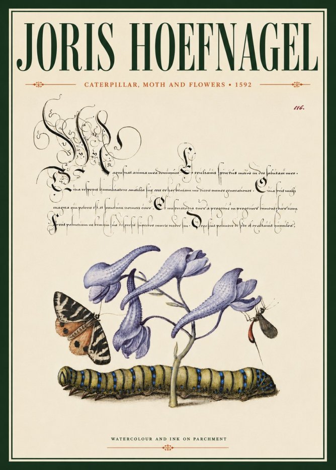 Joris Hoefnagel Caterpillar, Moth and Flowers No4 - Plakát