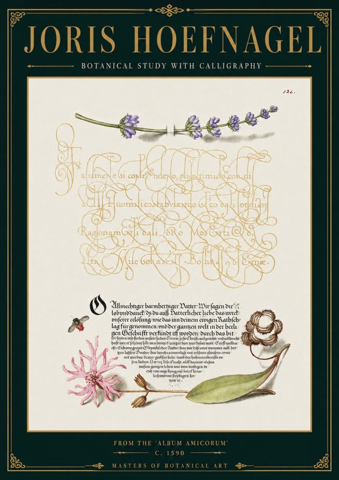 Joris Hoefnagel Botanical Study with Calligraphy IV No4 - Plakát
