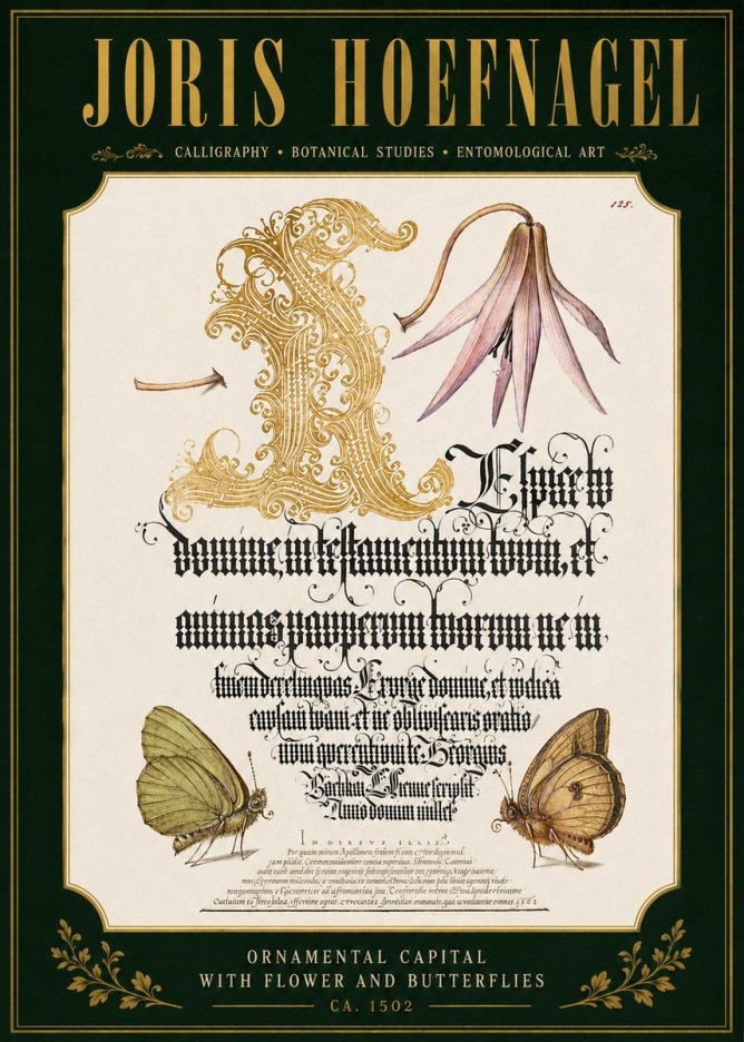Joris Hoefnagel Ornamental Capital with Flower and Butterflies No4 - Plakát