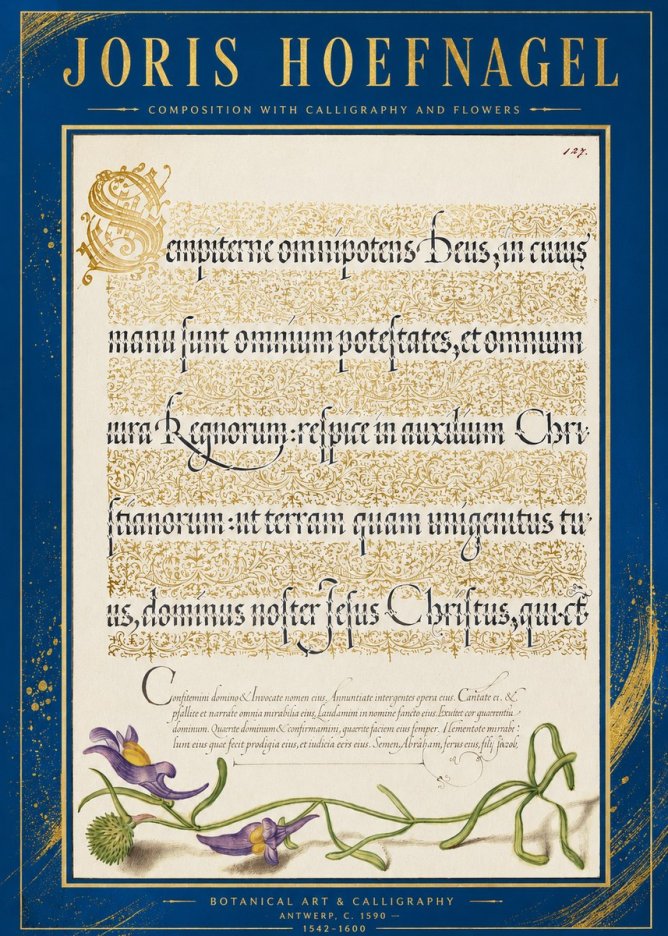 Joris Hoefnagel Composition with Calligraphy and Flowers No2 - Plakát