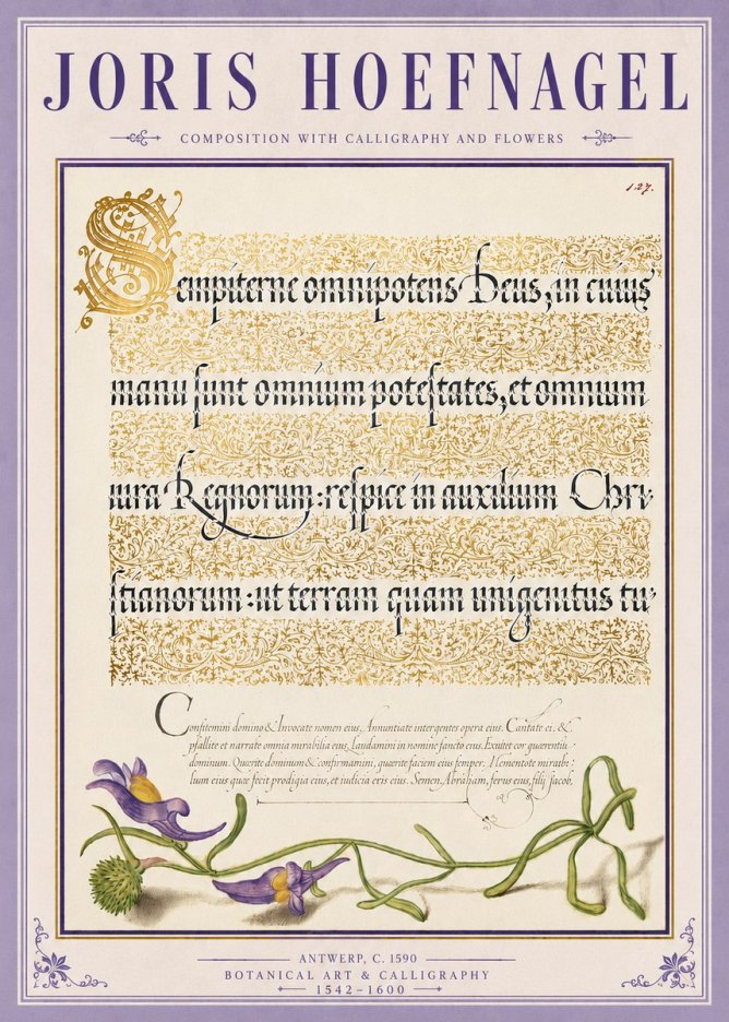 Joris Hoefnagel Composition with Calligraphy and Flowers No4 - Plakát