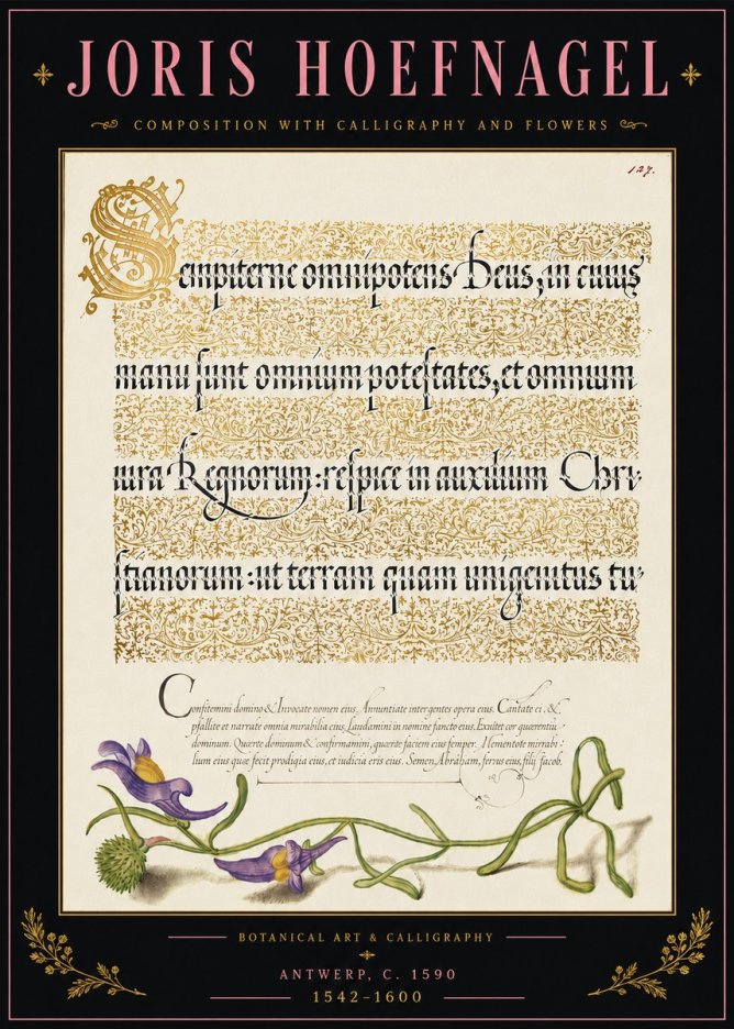 Joris Hoefnagel Composition with Calligraphy and Flowers No5 - Plakát