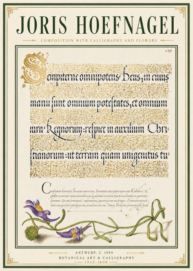 Joris Hoefnagel Composition with Calligraphy and Flowers No6 - Plakát