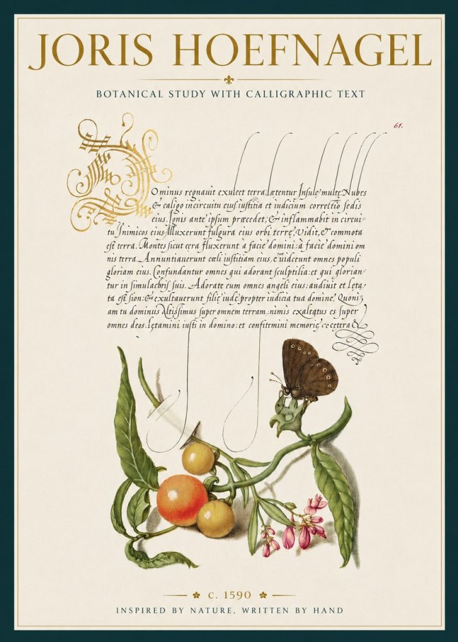 Joris Hoefnagel Botanical Study with Calligraphic Text No3 - Plakát
