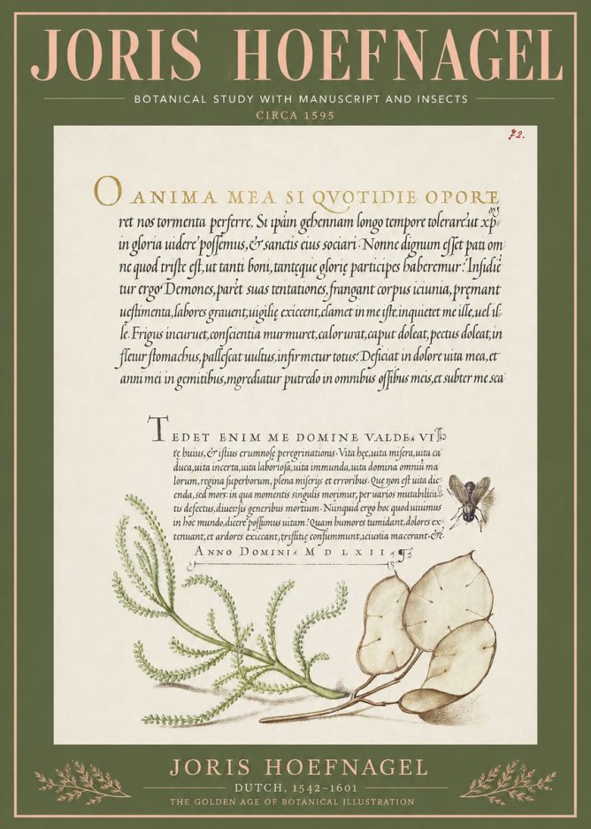 Joris Hoefnagel Botanical Study with Manuscript and Insects No3 - Plakát