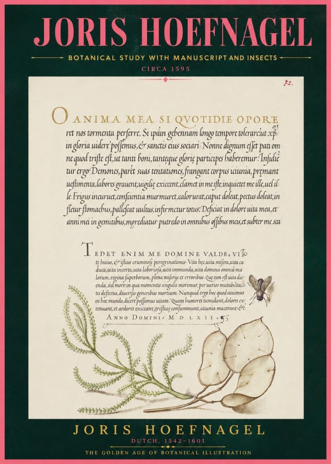Joris Hoefnagel Botanical Study with Manuscript and Insects No4 - Plakát
