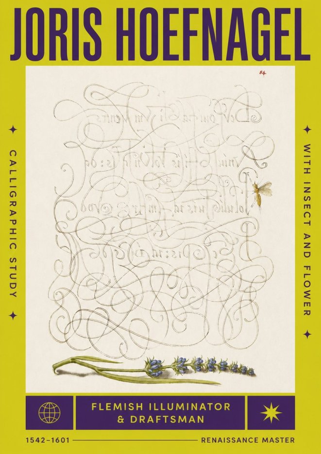Joris Hoefnagel Calligraphic Study with Insect and Flower No4 - Plakát