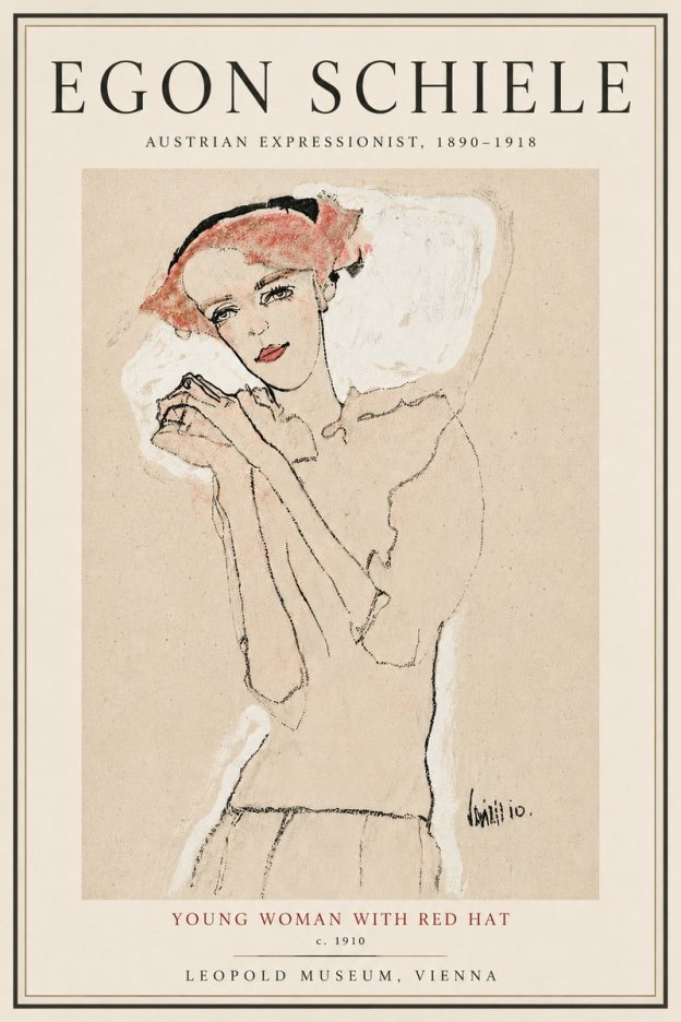 Schiele Young Woman with Red Hat No5 - Plakát