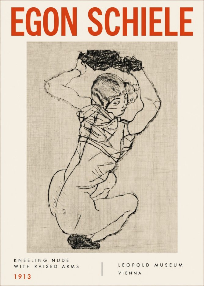 Schiele Kneeling Nude with Raised Arms No4 - Plakát