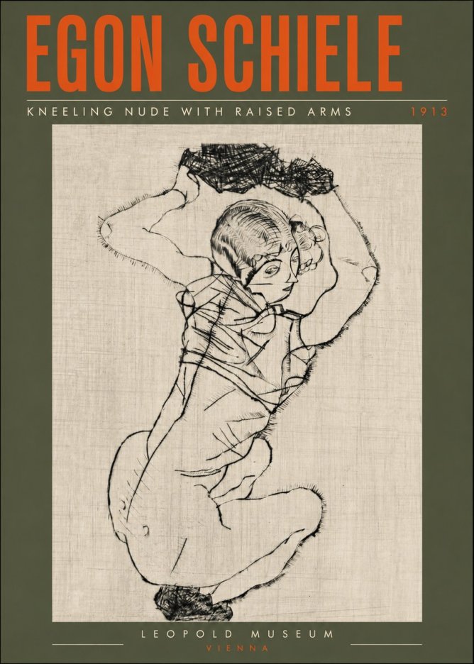 Schiele Kneeling Nude with Raised Arms No6 - Plakát