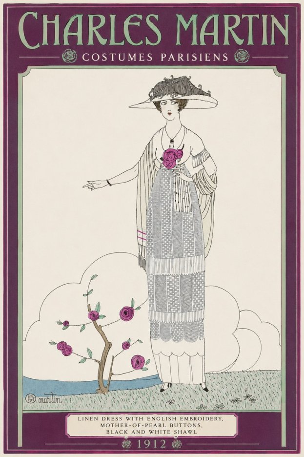 Charles Martin Linen Dress with English Embroidery, Mother-of-pearl Buttons, Black and White Shawl No2 - Plakát
