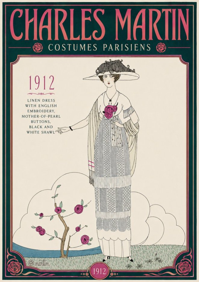 Charles Martin Linen Dress with English Embroidery, Mother-of-pearl Buttons, Black and White Shawl No4 - Plakát