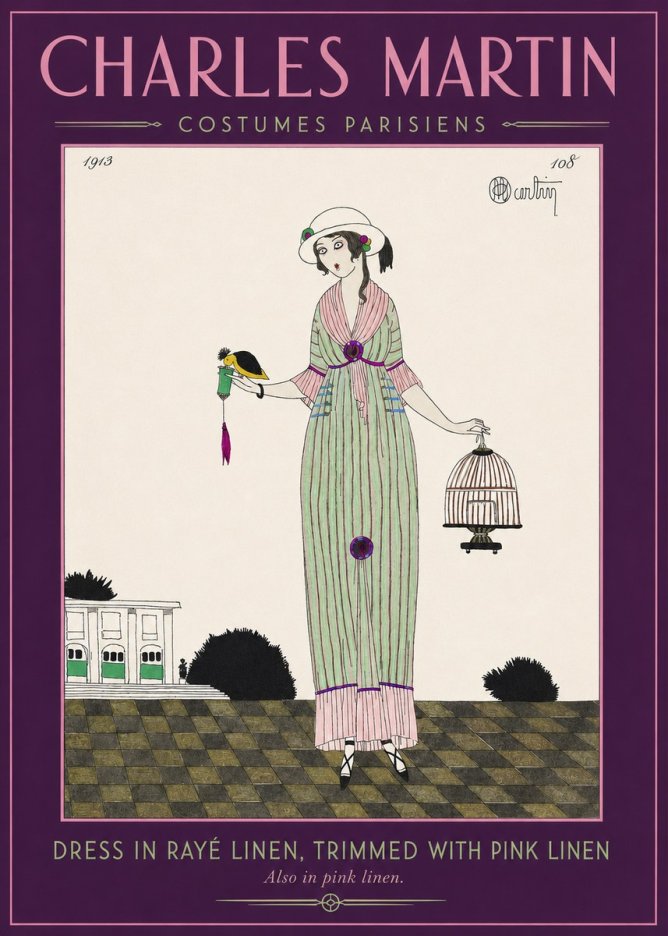 Charles Martin Dress in Rayé Linen, Trimmed with Pink Linen No2 - Plakát