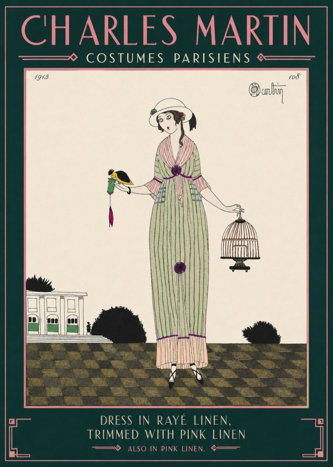 Charles Martin Dress in Rayé Linen, Trimmed with Pink Linen No4 - Plakát