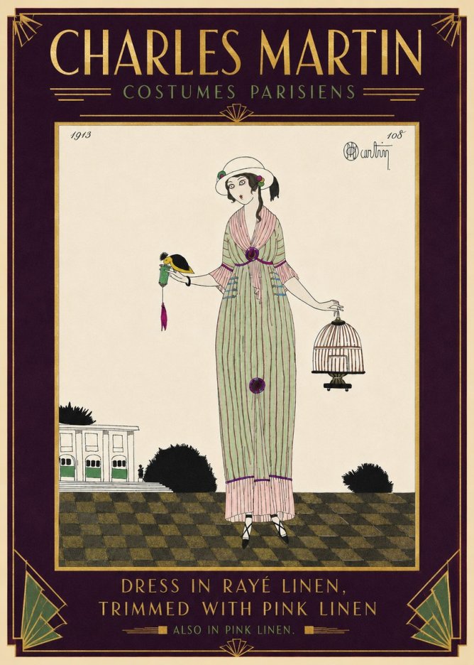 Charles Martin Dress in Rayé Linen, Trimmed with Pink Linen No5 - Plakát