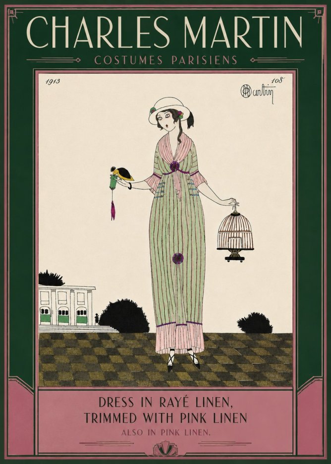 Charles Martin Dress in Rayé Linen, Trimmed with Pink Linen No6 - Plakát