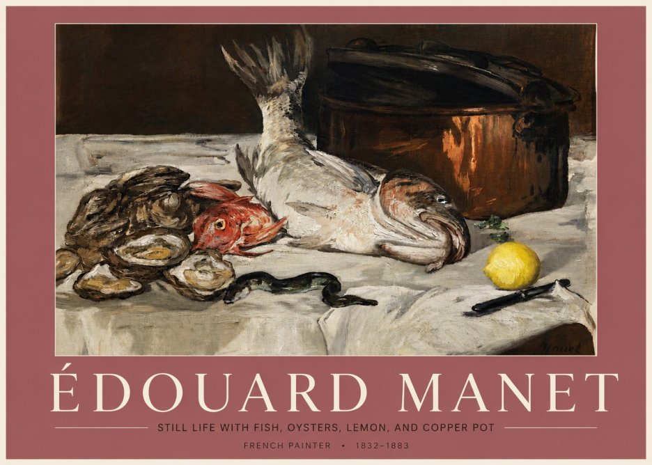 Édouard Manet Still Life with Fish, Oysters, Lemon, and Copper Pot No3 - Plakát