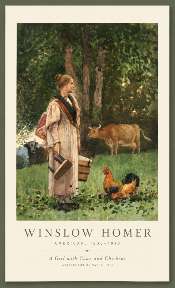 Winslow Homer A Girl with Cows and Chickens No1 - Plakát
