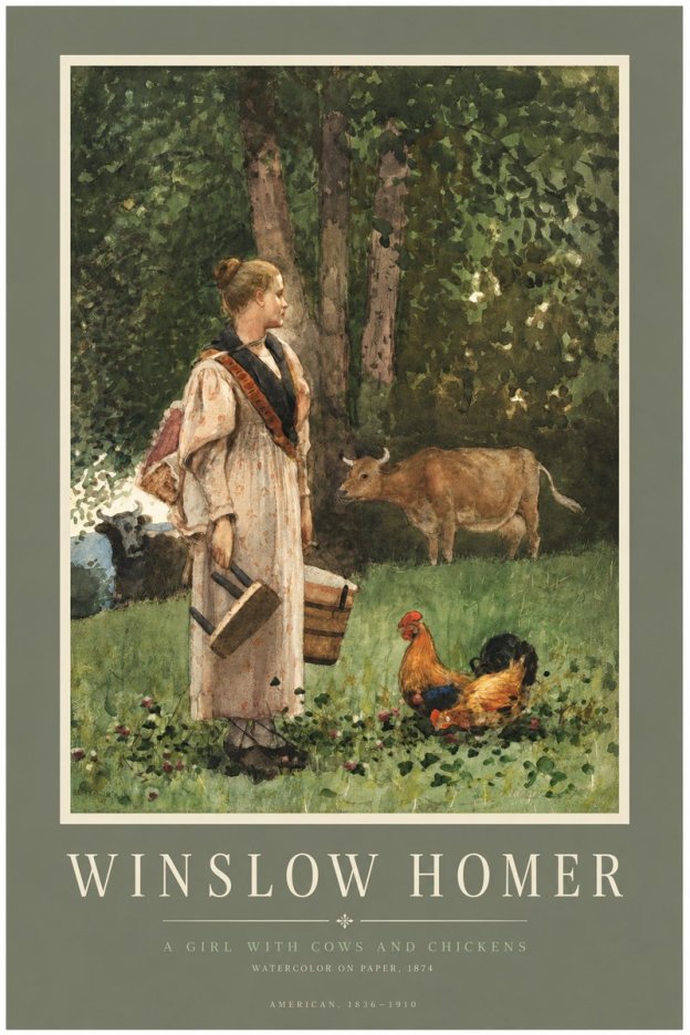 Winslow Homer A Girl with Cows and Chickens No3 - Plakát