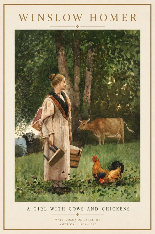 Winslow Homer A Girl with Cows and Chickens No4 - Plakát