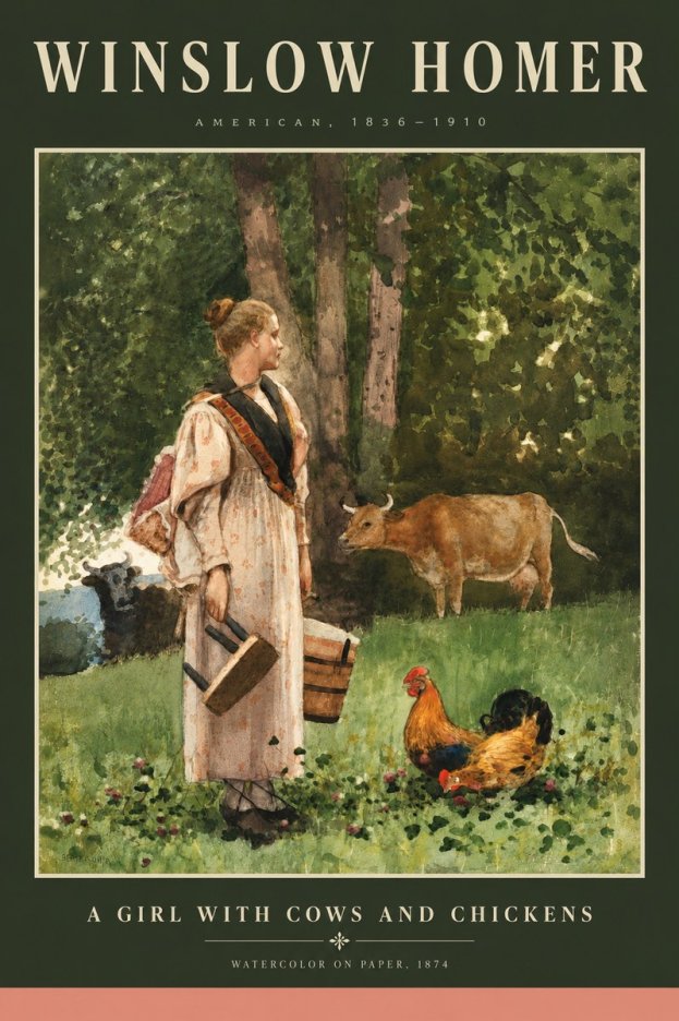 Winslow Homer A Girl with Cows and Chickens No5 - Plakát