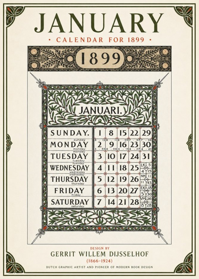 Gerrit Willem Dijsselhof January. Calendar for 1899. No1 - Plakát