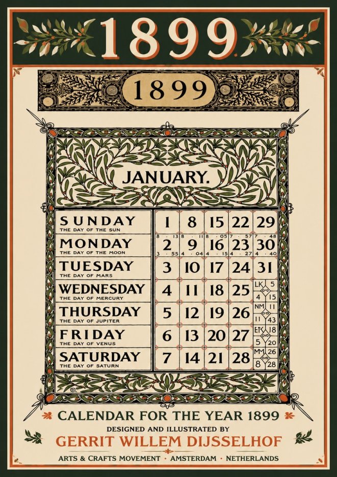 Gerrit Willem Dijsselhof January. Calendar for 1899. No5 - Plakát