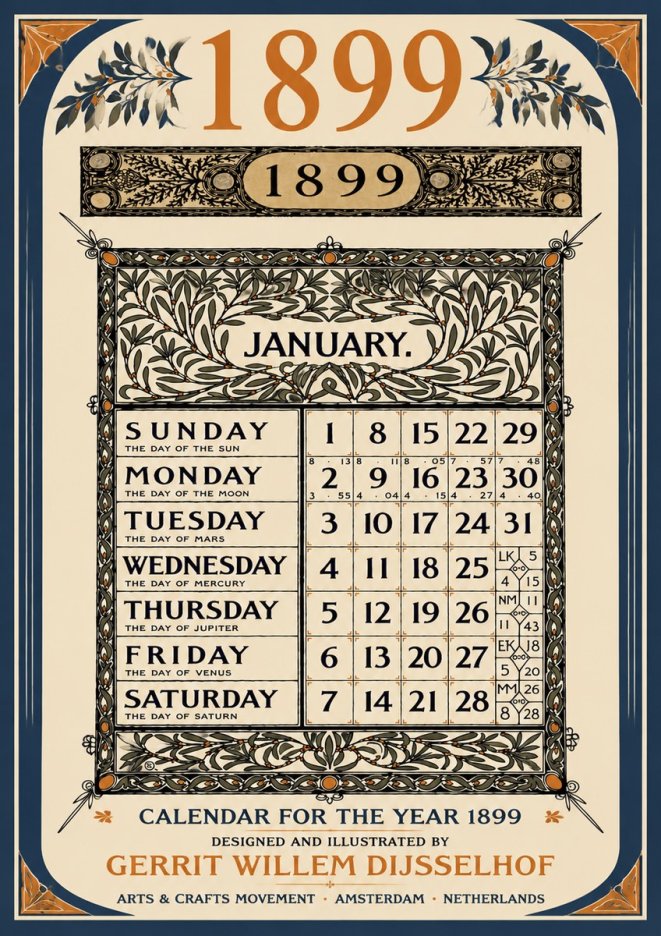 Gerrit Willem Dijsselhof January. Calendar for 1899. No6 - Plakát