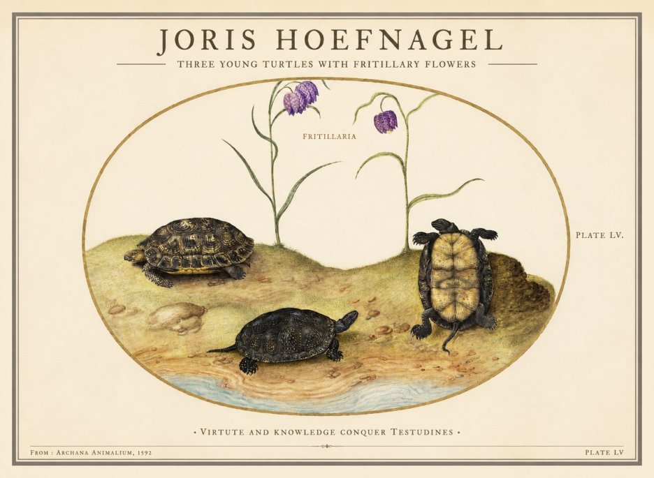 Joris Hoefnagel Three Young Turtles with Fritillary Flowers No1 - Plakát