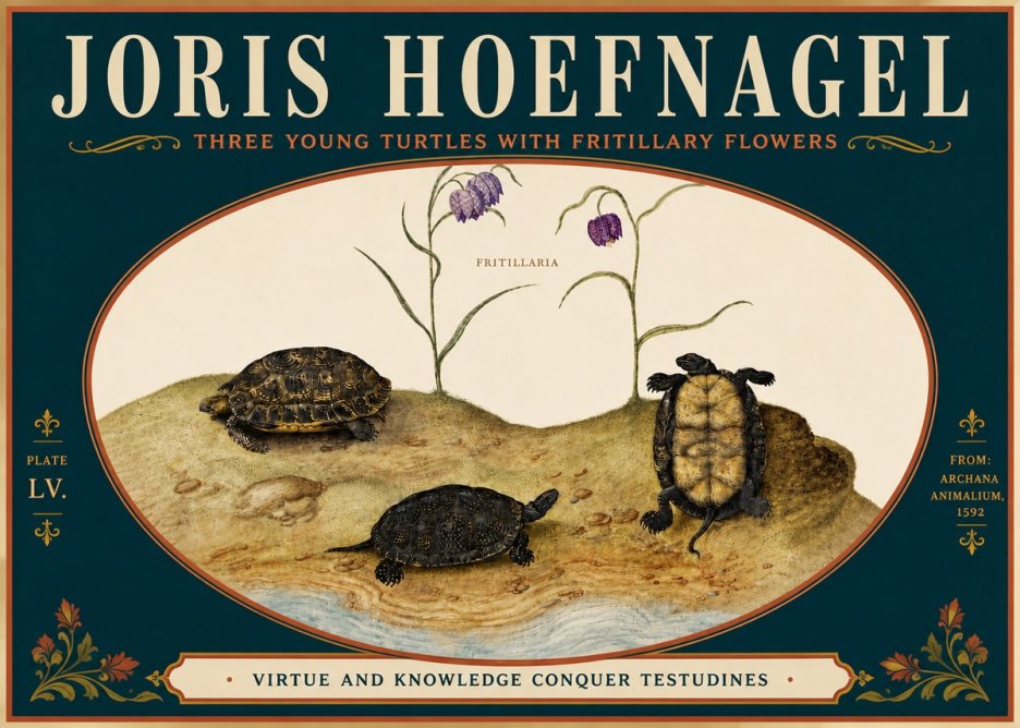 Joris Hoefnagel Three Young Turtles with Fritillary Flowers No6 - Plakát
