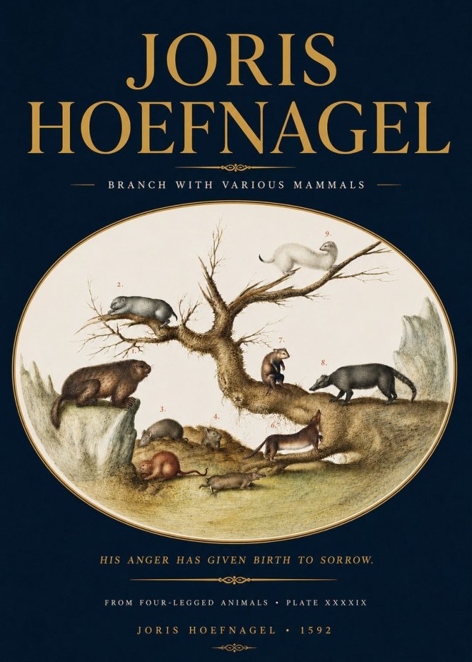 Joris Hoefnagel Branch with Various Mammals No4 - Plakát