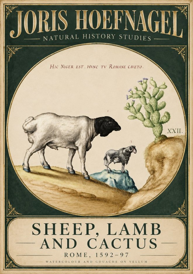 Joris Hoefnagel Sheep and Lamb with Flowering Cactus No6 - Plakát