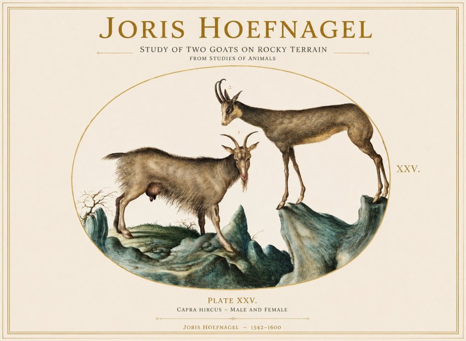 Joris Hoefnagel Study of Two Goats on Rocky Terrain No1 - Plakát