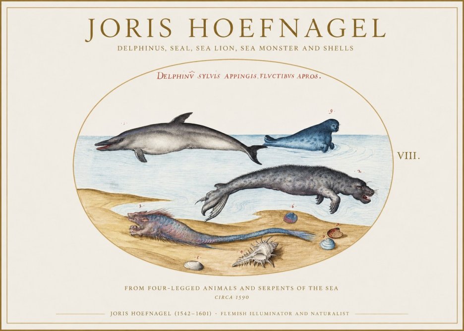 Joris Hoefnagel Delphinus, Seal, Sea Lion, Sea Monster and Shells No1 - Plakát