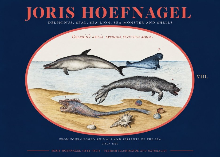 Joris Hoefnagel Delphinus, Seal, Sea Lion, Sea Monster and Shells No2 - Plakát